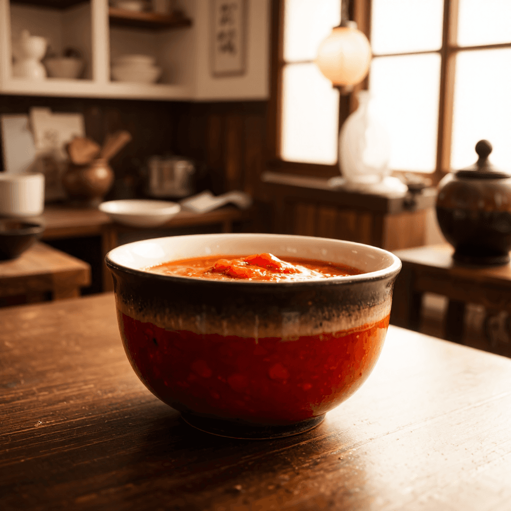 product photography of a bowl of spicy red condiment