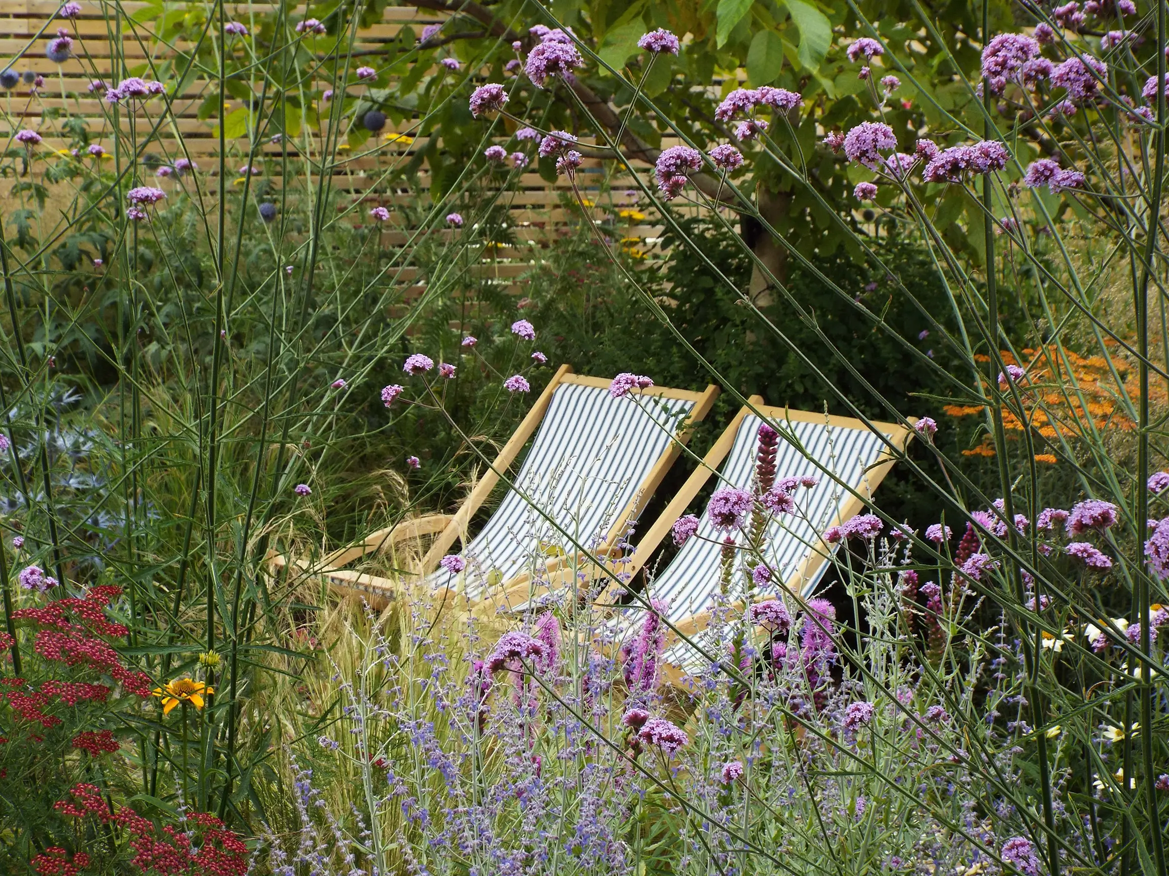 Two lounge chairs are nestled among vibrant flowers and greenery in a serene garden setting.