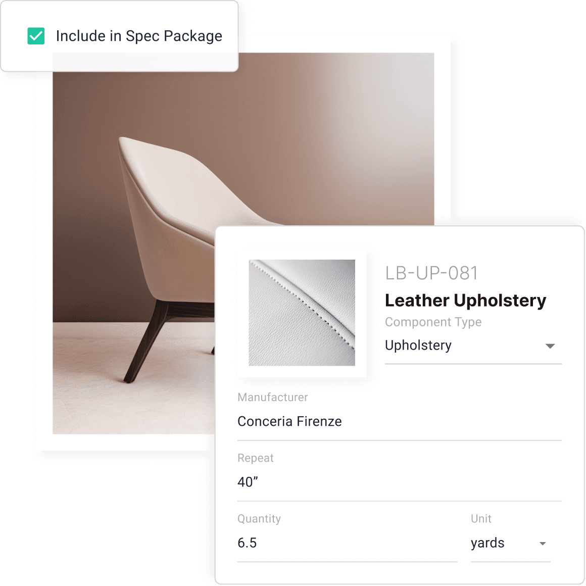 An image of a chair and some custom upholstery that is being specified along with it's detailed ff&e data specs.