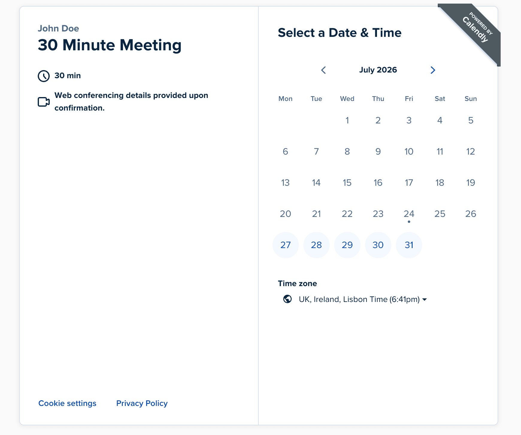 Calenldy Booking Page