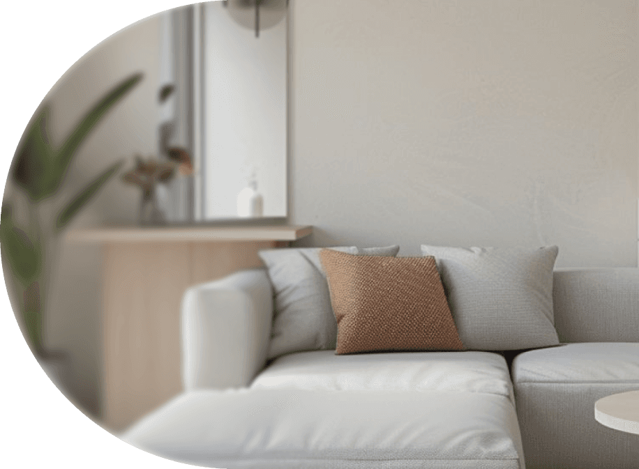 Grafika z hasłem 'Jeden zespół' na tle rozmytego wnętrza salonu. Widoczne są cztery etykiety z ikonami opisujące zakres usług: architekt, wykonawcy, materiały oraz logistyka.