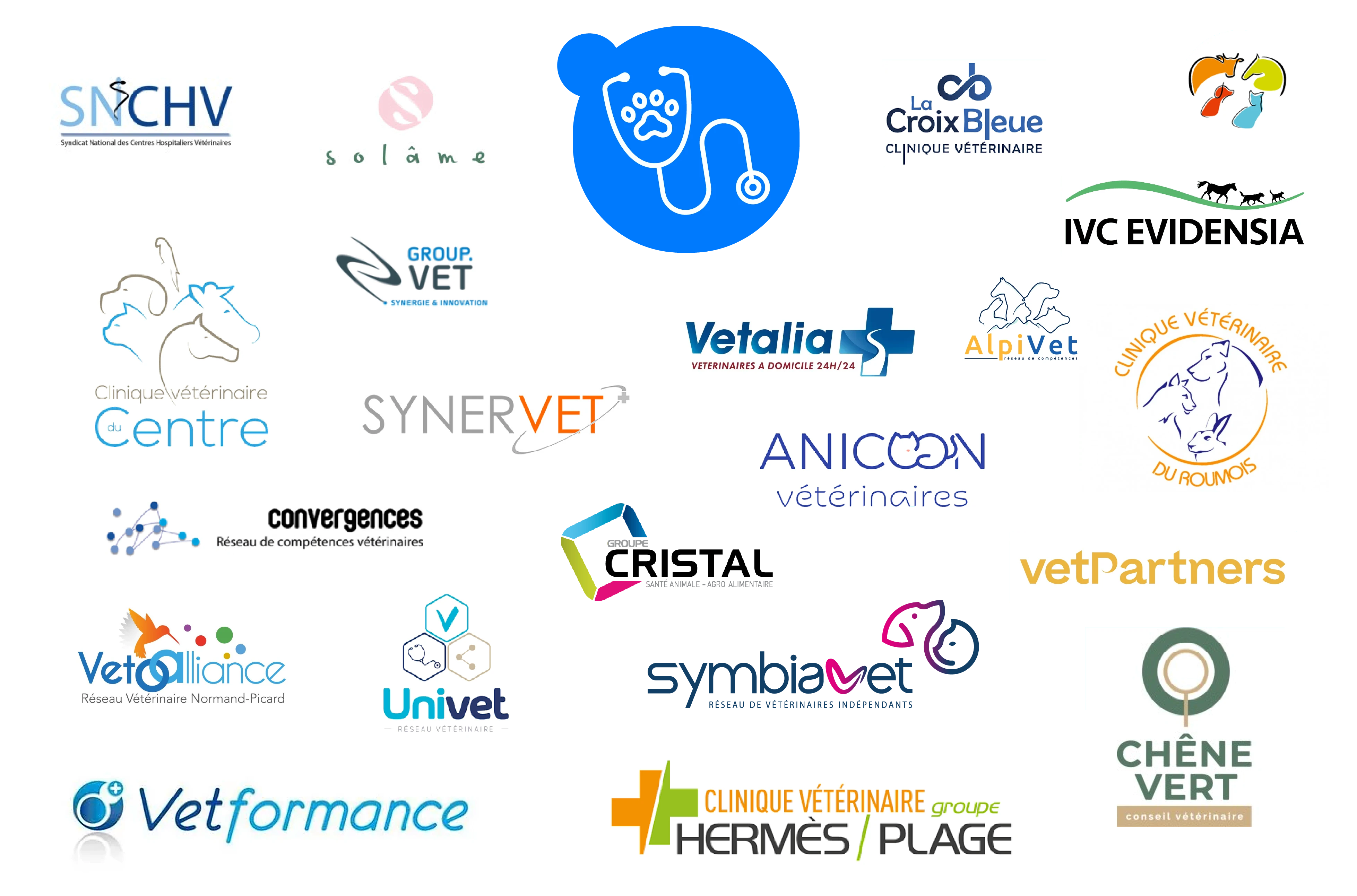 Logos des cliniques et groupes vétérinaires partenaires : SNCHV, Solâme, La Croix Bleue Clinique Vétérinaire, IVC Evidensia, Group.Vet, Clinique Vétérinaire du Centre, Vetalia, Alpivet, Clinique Vétérinaire du Roumois, Synervet, Anicoon vétérinaires, Convergences Réseau de compétences vétérinaires, Groupe Cristal, vetPartners, Vet'Alliance Réseau Vétérinaire Normand-Picard, Univet Réseau Vétérinaire, Symbiavet Réseau de vétérinaires indépendants, Chêne Vert conseil vétérinaire, Vetformance et Clinique Vétérinaire Hermès Plage groupe, avec une icône de stéthoscope et patte animale en haut