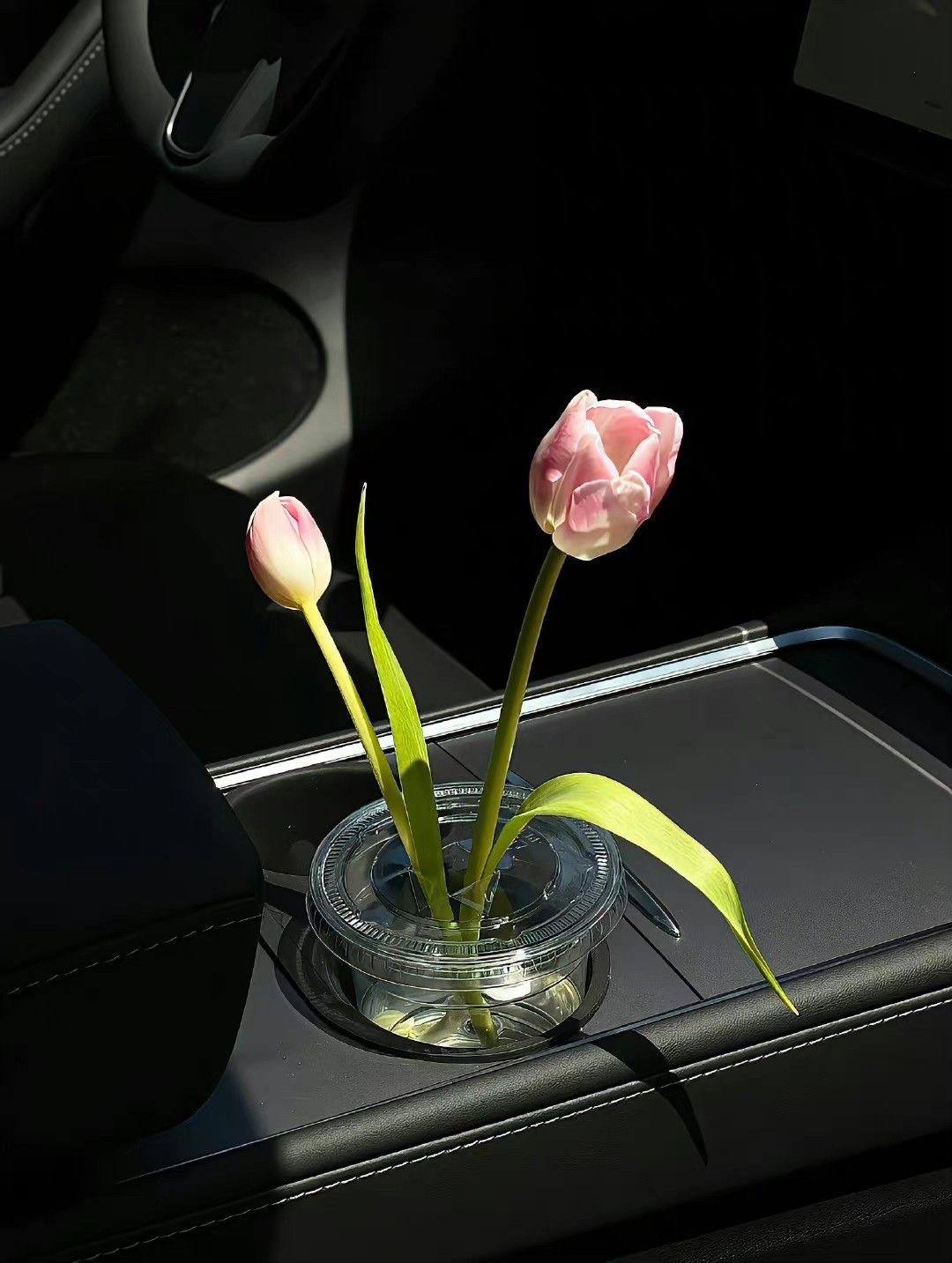 Close-up portrait of a blonde woman in translucent pink glasses and a white shirt on a soft blue background.