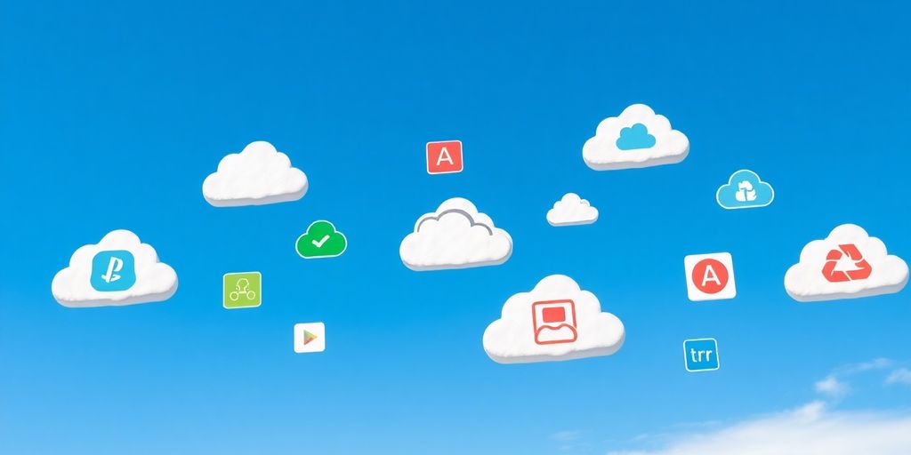 Photograph of cloud storage icons in a blue sky.