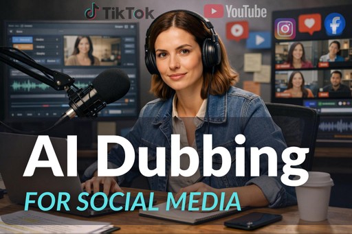 Pengaturan sulih suara otomatis untuk pembuatan video media sosial, menampilkan pembuat konten merekam audio dengan mikrofon dan mengedit konten multibahasa untuk TikTok dan YouTube