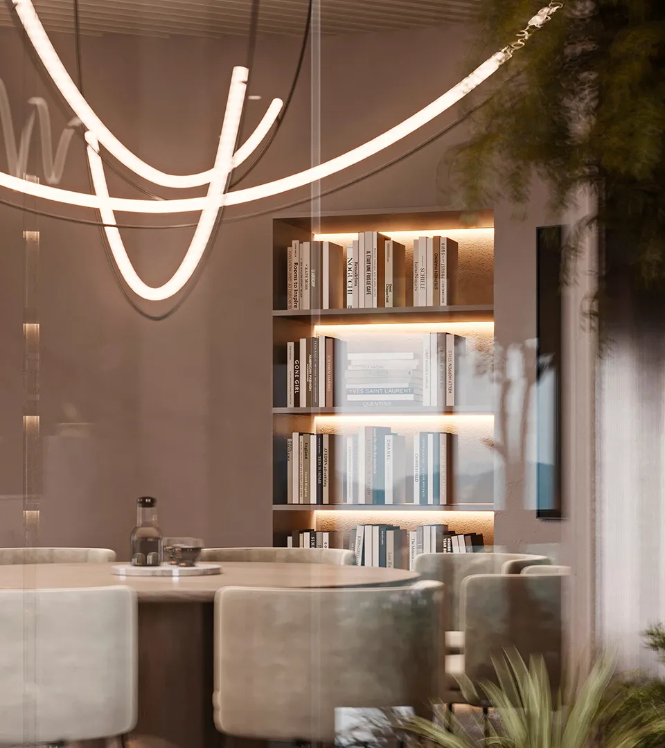 City Studio Zurich office meeting area with backlit bookcase, soft seating, and modern pendant light
