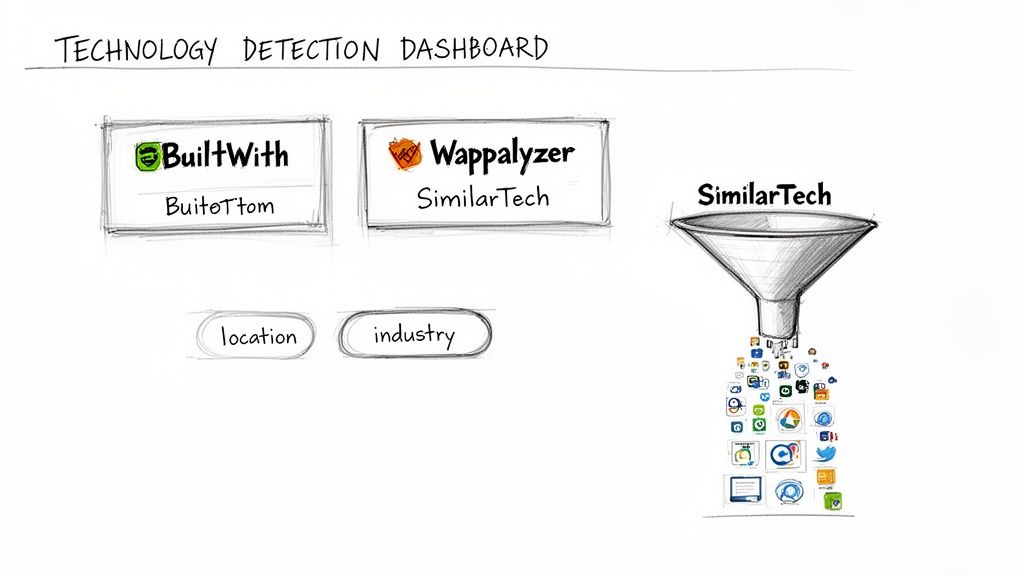 Technology detection dashboard sketch: BuiltWith, Wappalyzer, SimilarTech tools, and app icons filtering by location and industry.