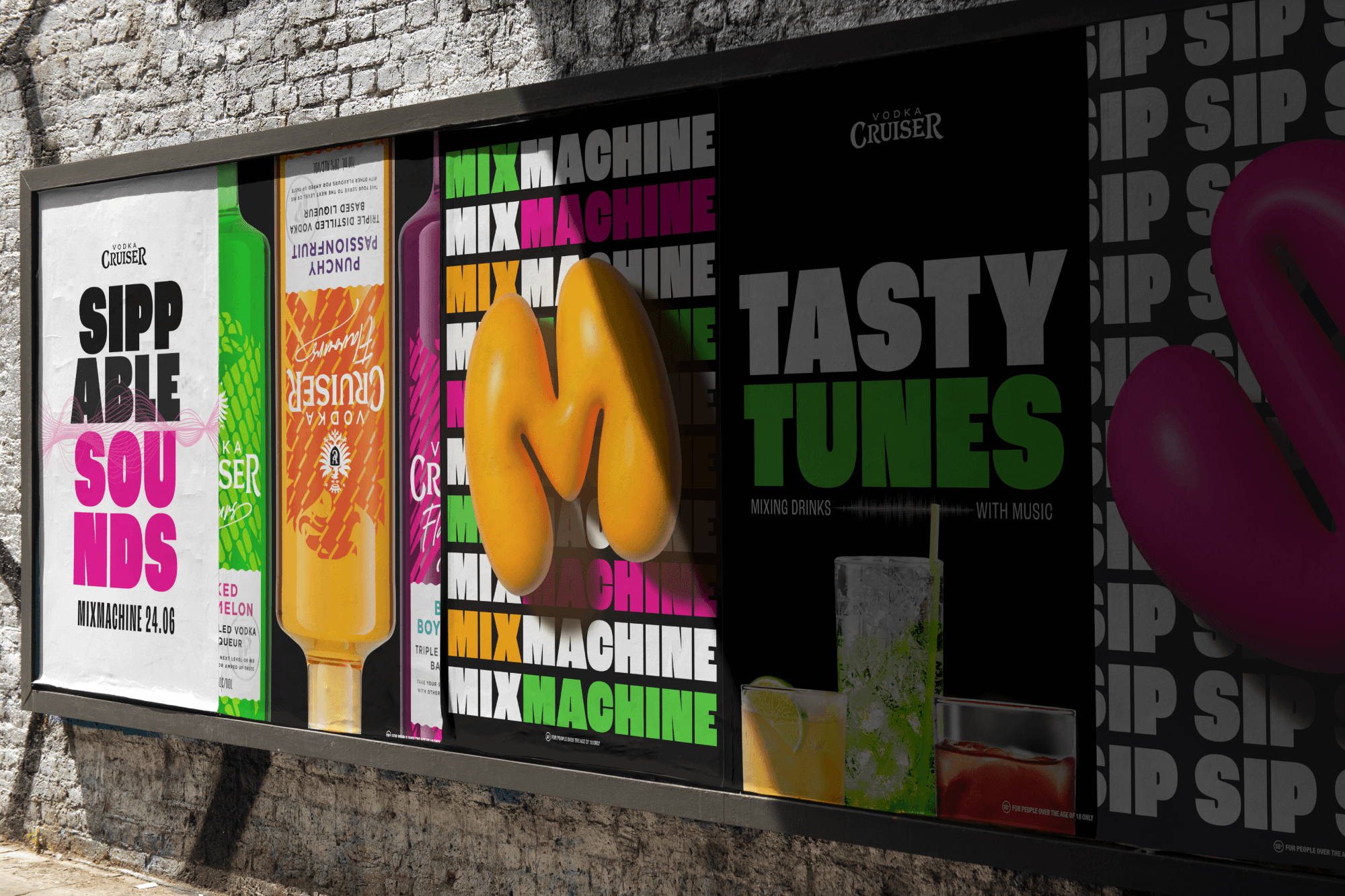 Streetside billboard with flyposters of the Batch.Works brand and illustrations