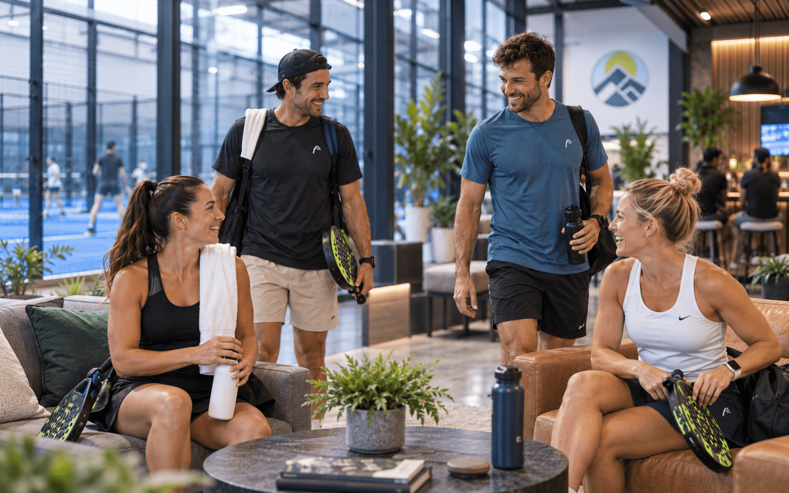 Illustrative lifestyle image of padel players socializing at a club