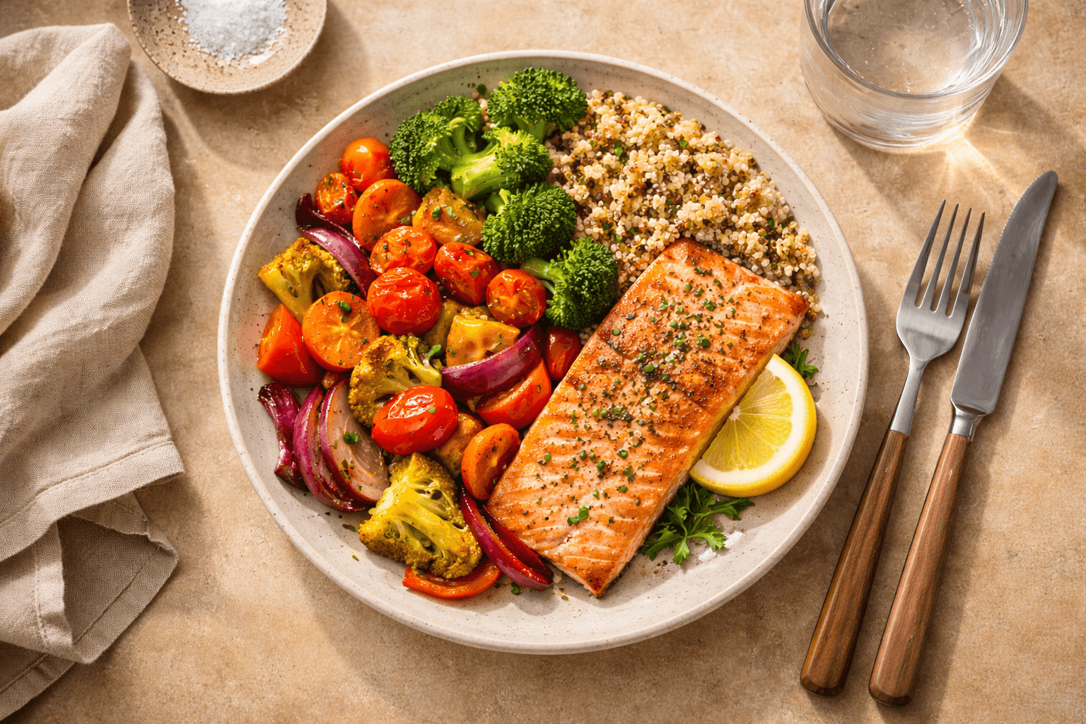 Balanced plate with vegetables, protein and grains — losing weight through food composition without calorie counting