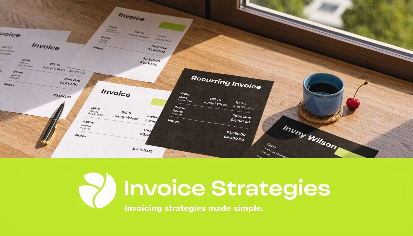 Several invoices spread on a wooden desk next to a coffee cup and a fresh cherry.