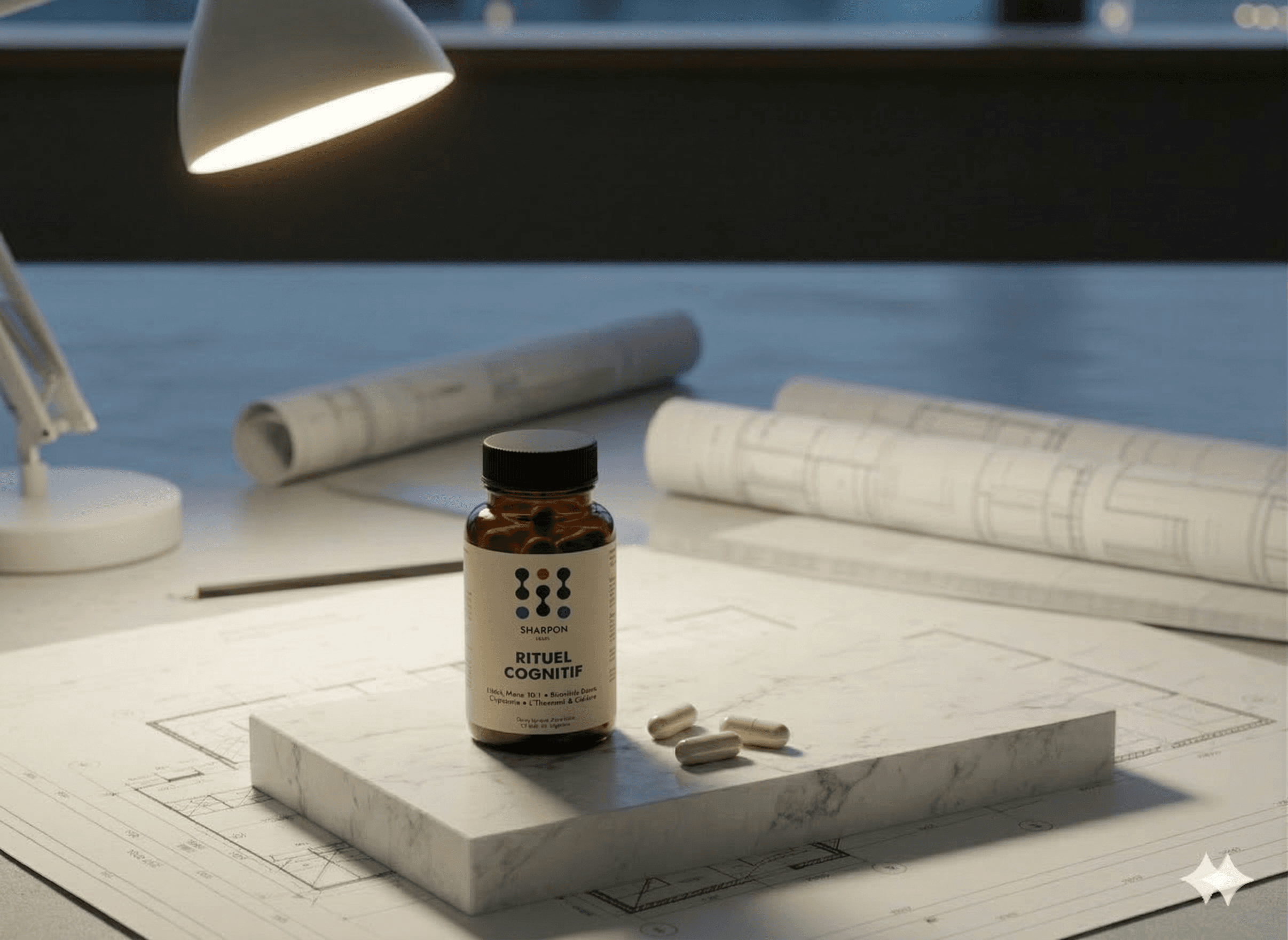 Brown bottle of sharpon nootropic with label on a marble surface near a lamp and rolled-up paper.