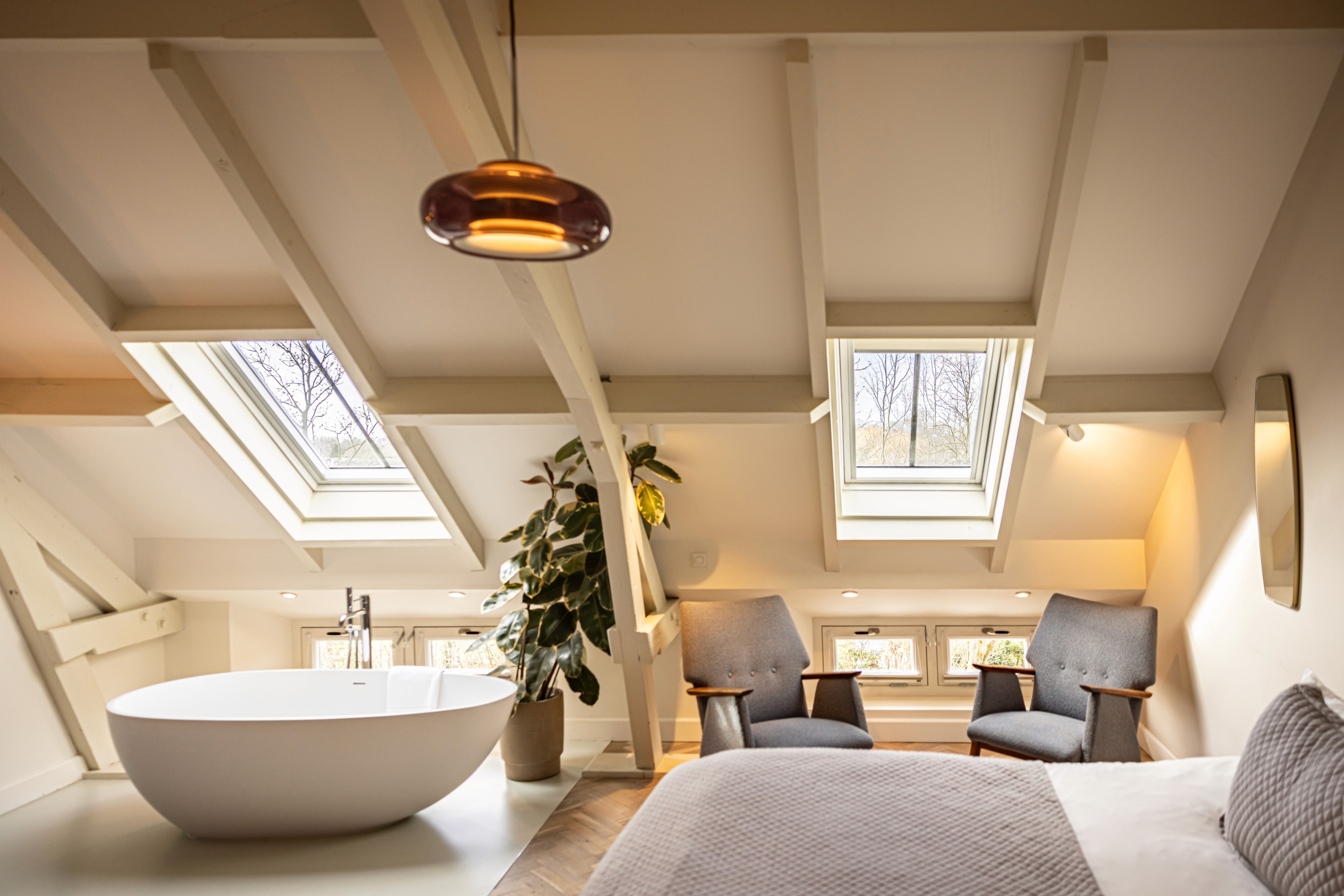 Sage green walls bedroom with lilac duvet and modern style