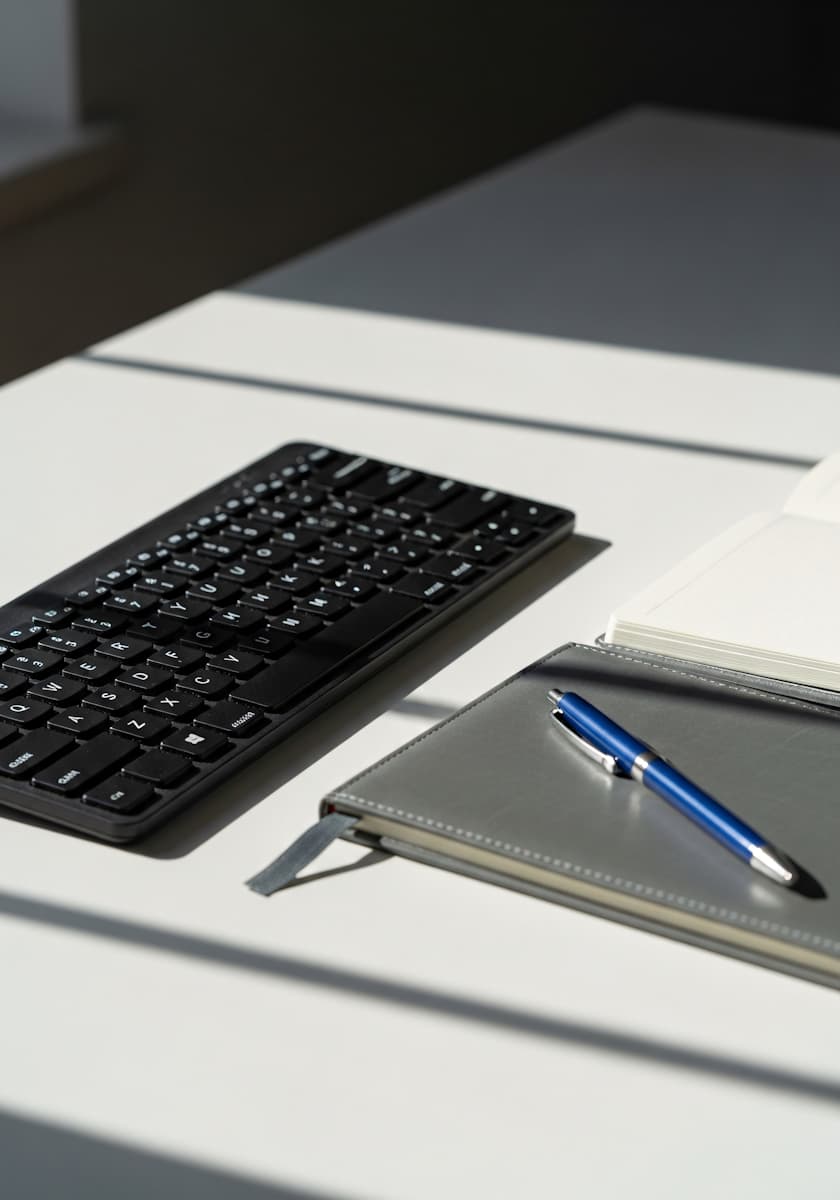 ein bild von einer tastatur und einem buch auf dem ein stift liegt