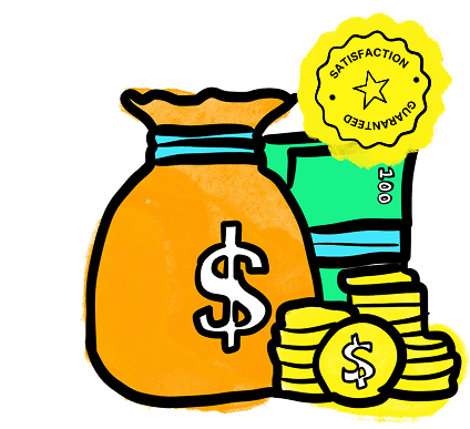 Illustration of a money bag, coins, and a certificate representing a satisfaction guarantee for facilitation training