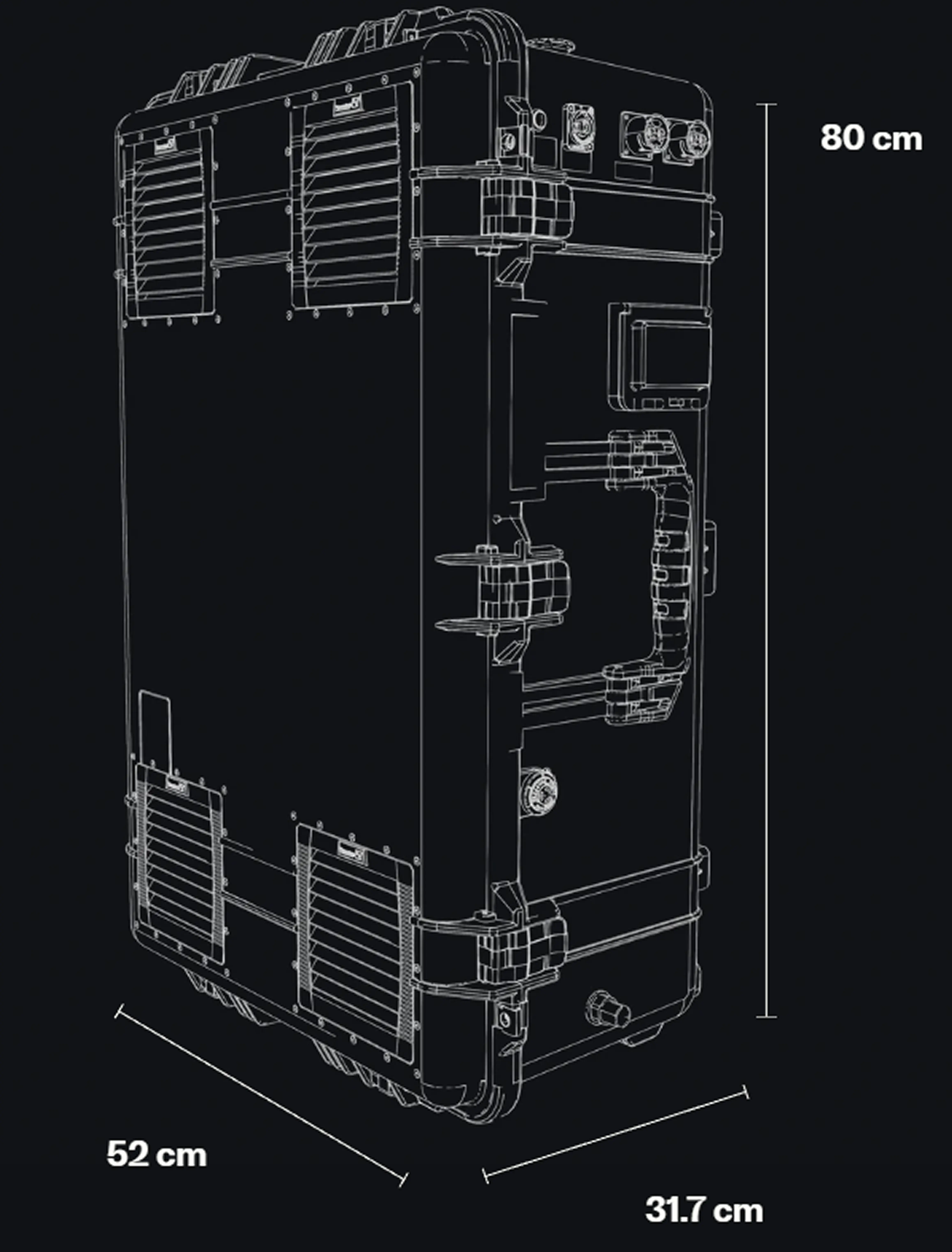 A digital wireframe illustration of the portable power unit ECHO-5 with dimensions marked on the side.