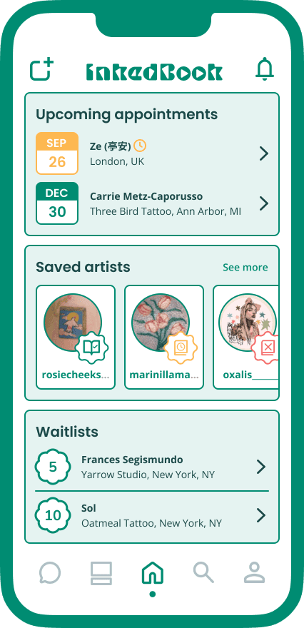 Inkedbook home screen showing upcoming appointments, saved artists, and waitlists
