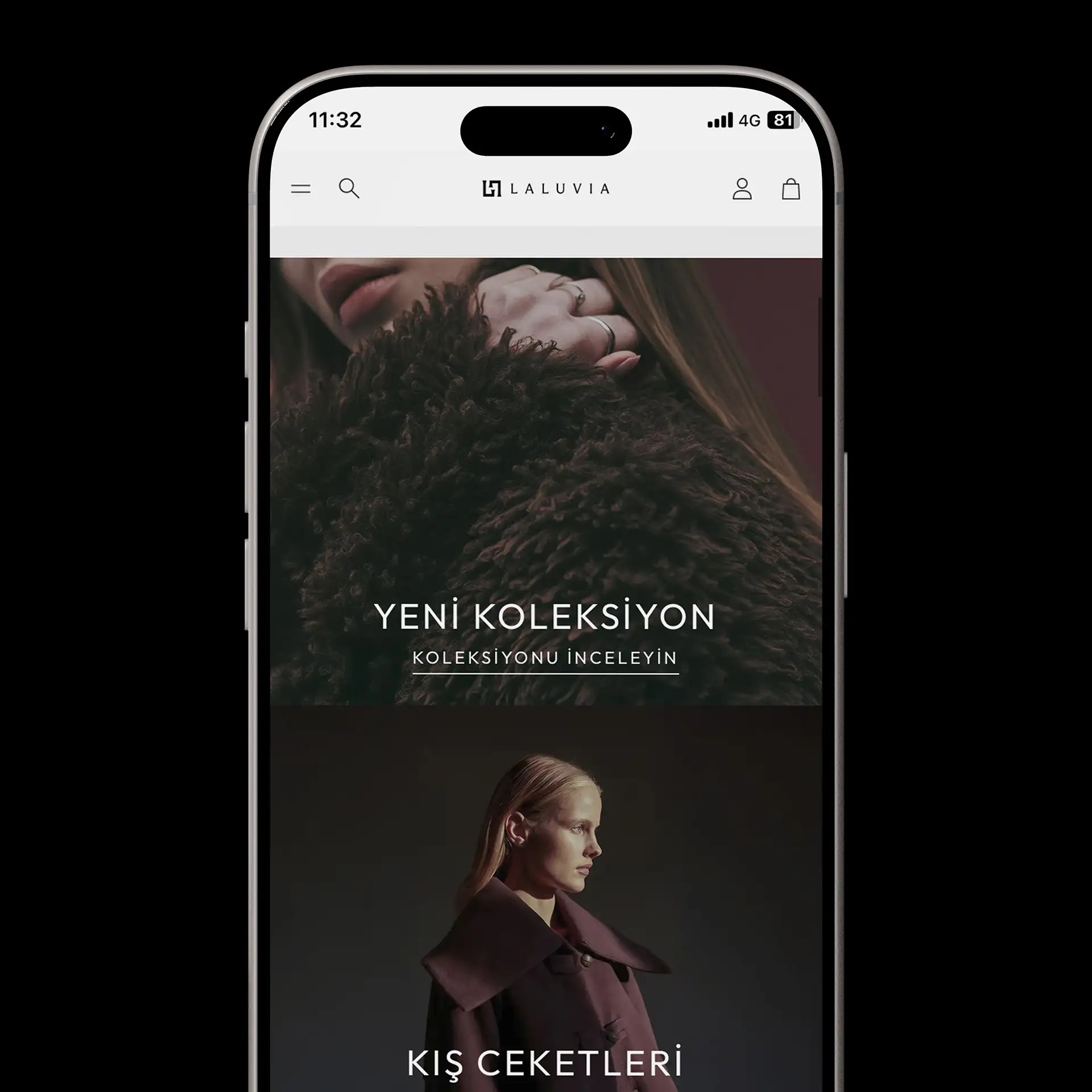Smartphone mockup displaying the Laluvia mobile homepage featuring "New Collection" and "Winter Jackets" categories.