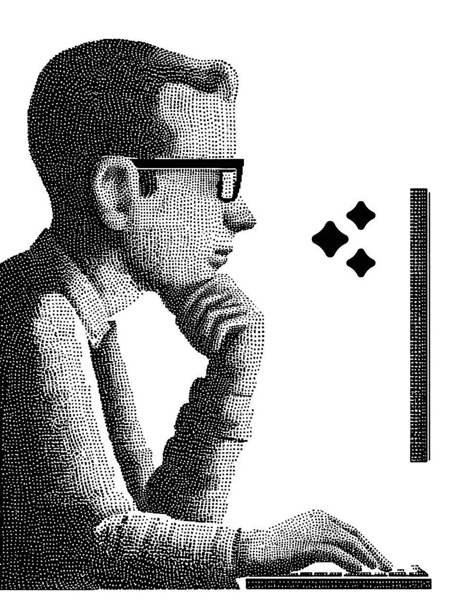Illustration of a man wearing glasses in front of a computer. He is thoughtfully pausing with one hand on his chin while typing on the keyboard.