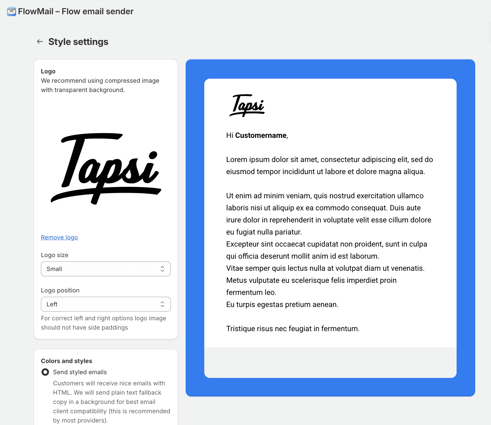 Shopify FlowMail App Einstellungen: E-Mail Vorlage 