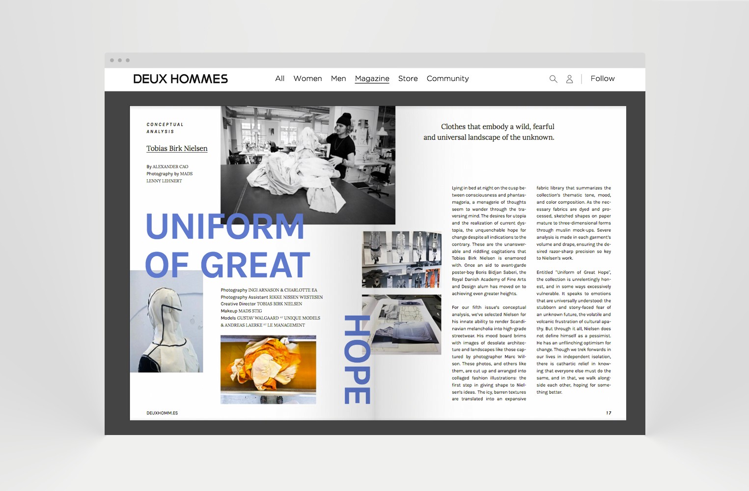 Website image showcasing the magazine article "Uniform of Great Hope" featuring a conceptual analysis by Tobias Birk Nielsen, emphasizing unique fashion designs and artistic photography.