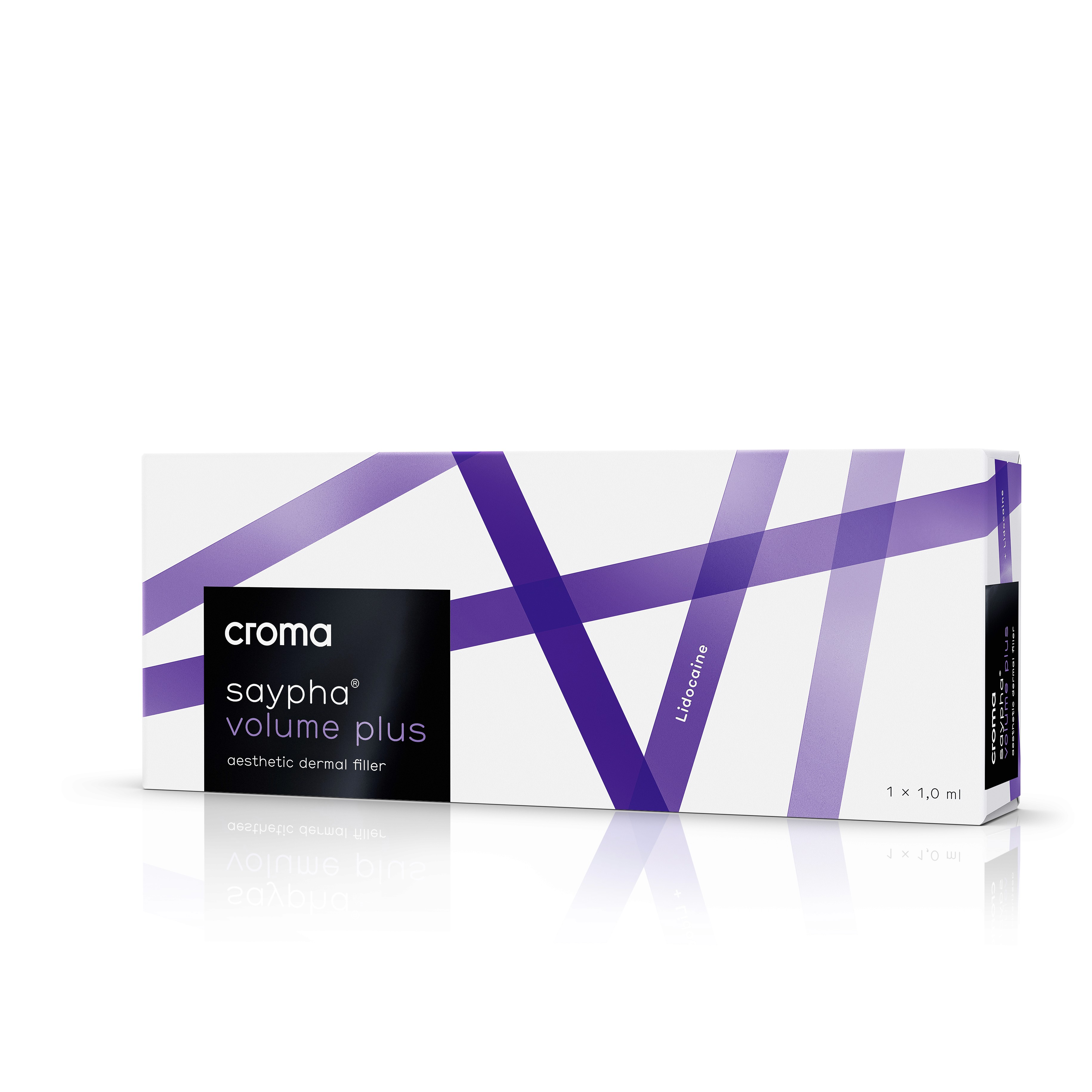 Croma Saypha Volume Plus Lidocaine dermal filler product box Canada with purple design