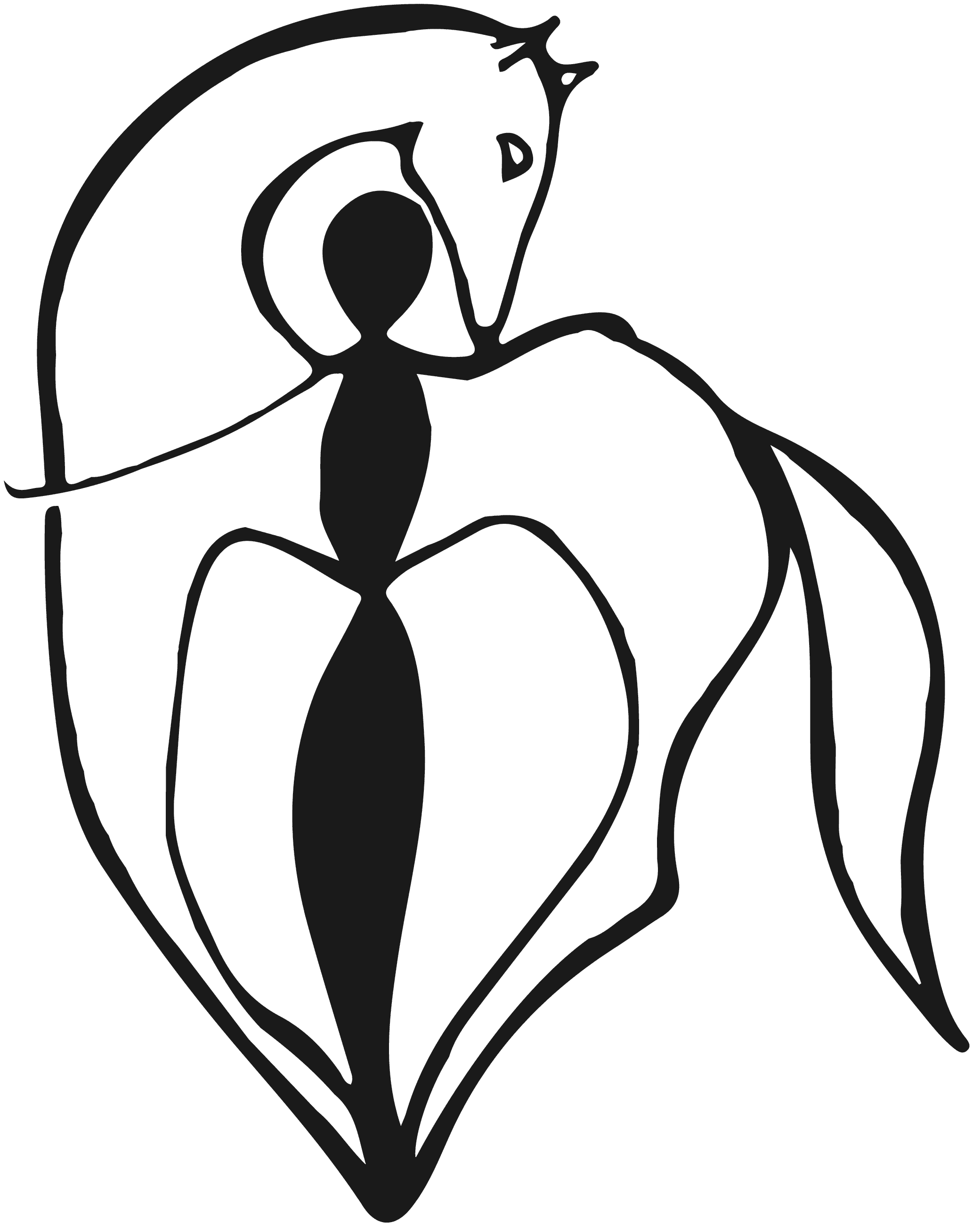 A black silhouette of a stylized dancer elegantly entwined with a horse, forming a fluid, abstract shape that emphasizes harmony and movement.