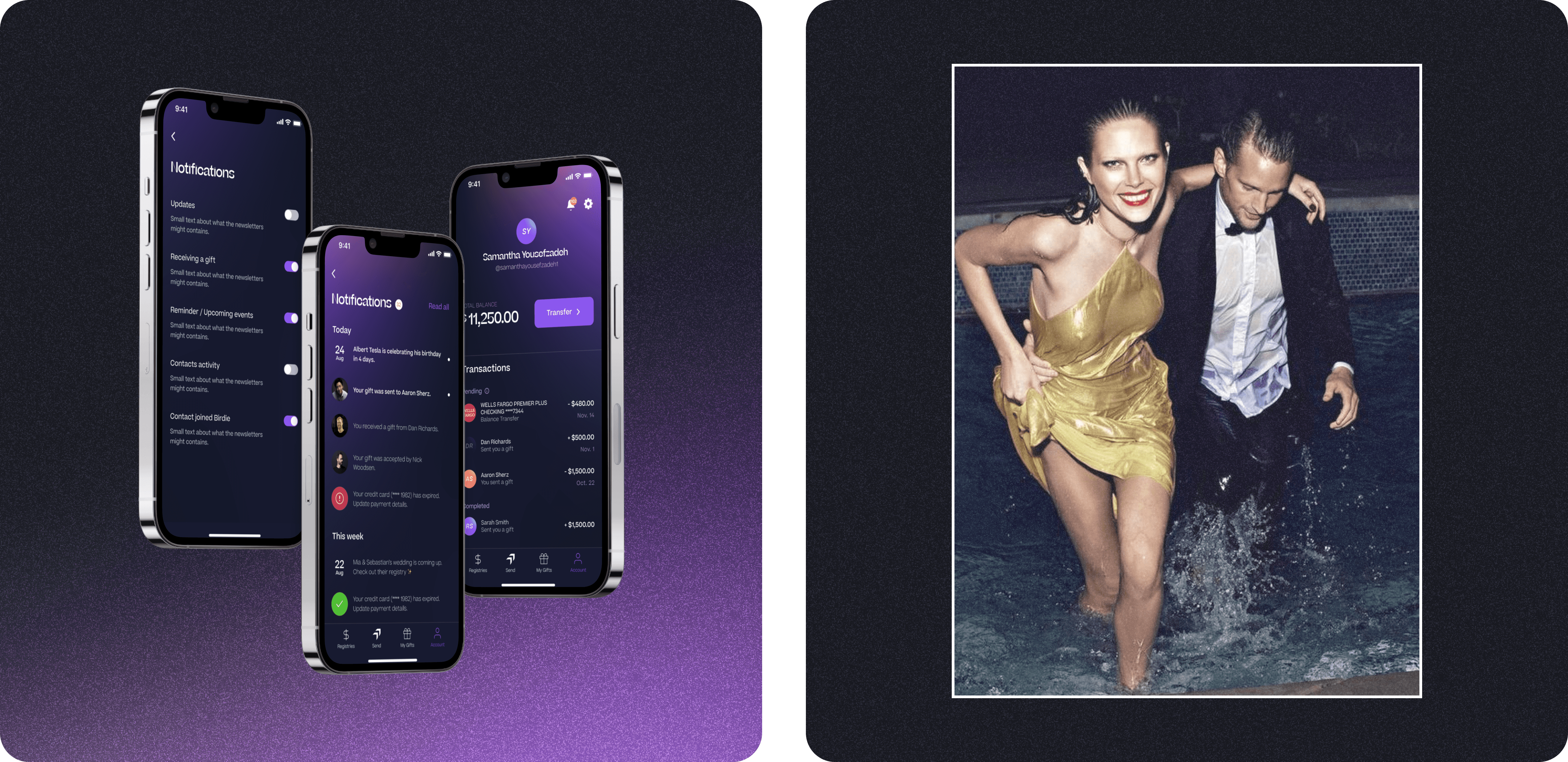 A split image: on the left, abstract shapes in vibrant colors; on the right, a couple posing elegantly.