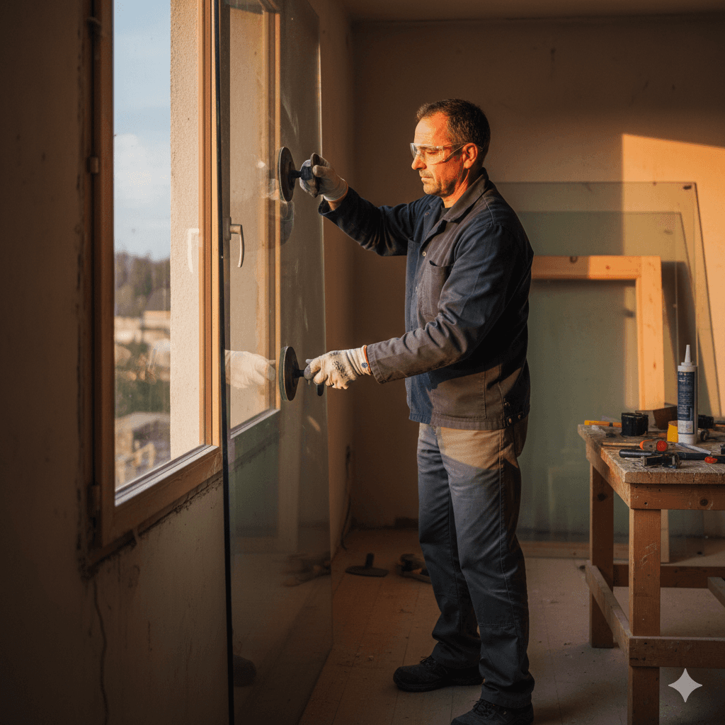 Vitrier miroitier posant une vitre avec des ventouses sur un chantier