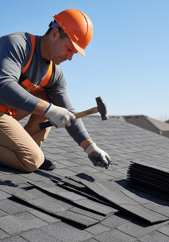 Roofing crew preparing safety ropes and fall protection gear before starting work.