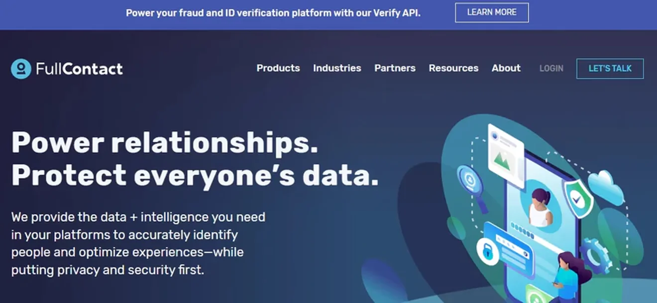 FullContact blue promotional bar introducing Verify API for fraud and identity verification