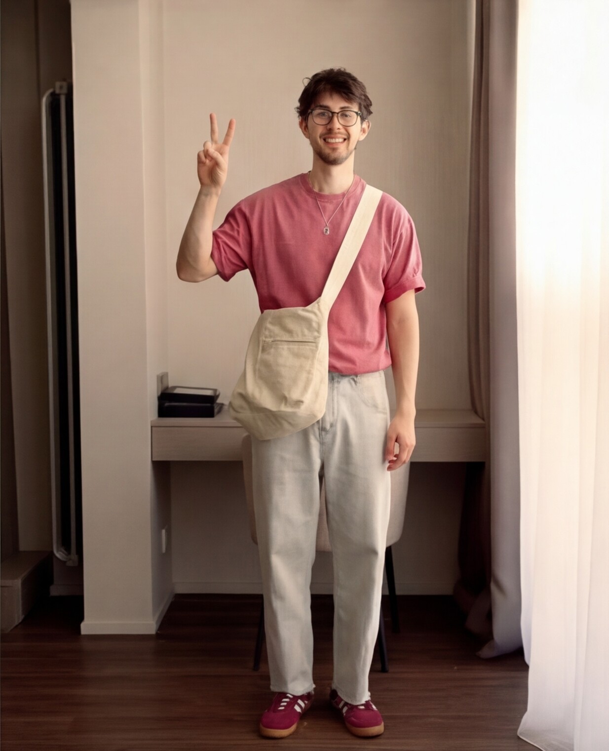 Dusty Pink Tee with Cream Relaxed Trousers
