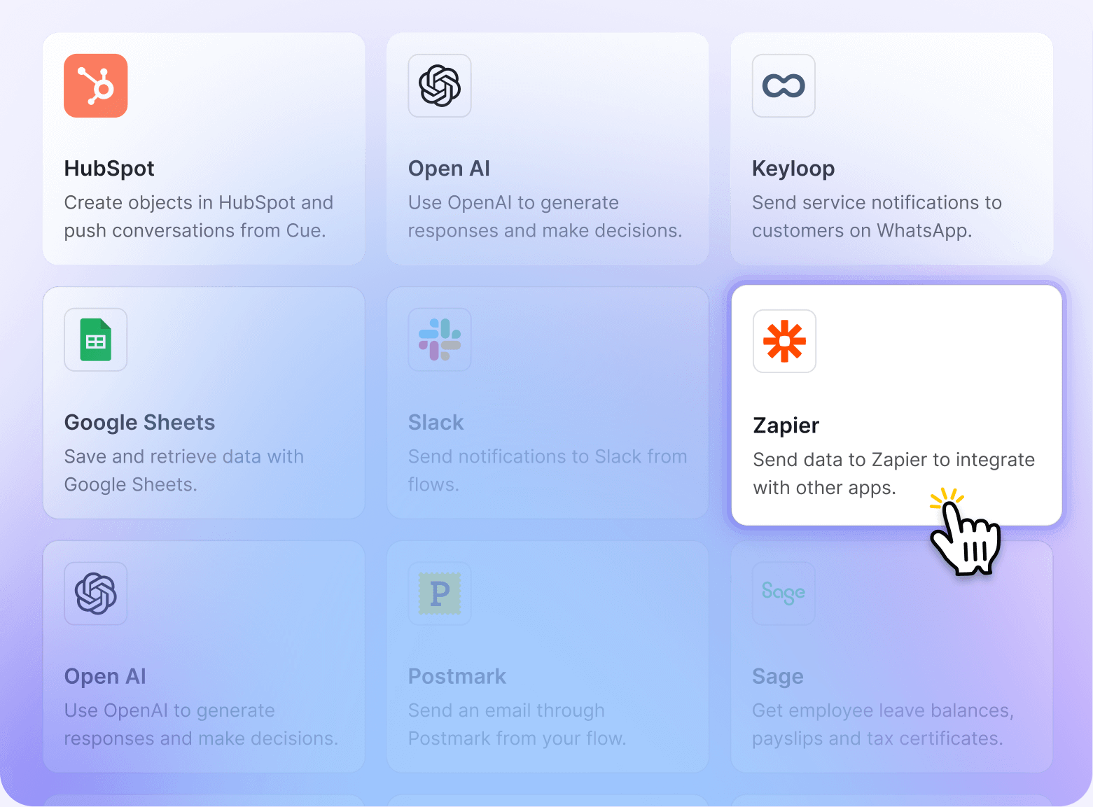 Integration options including HubSpot, Google Sheets, Slack, and Zapier