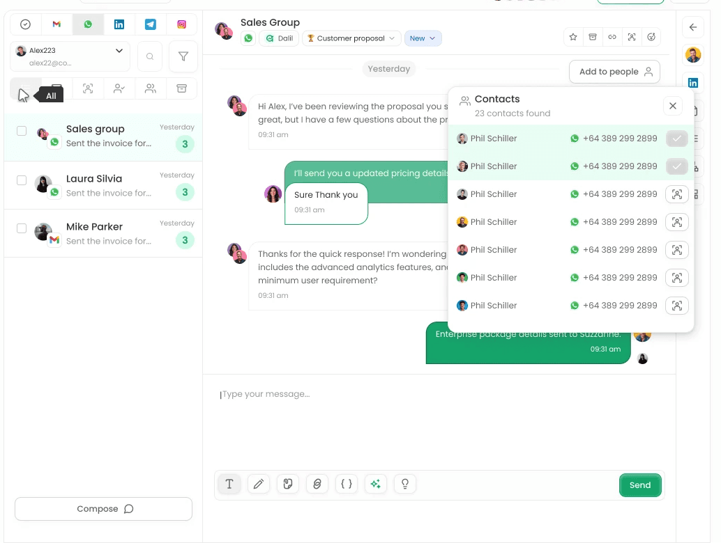 Dalil AI whatsapp unified inbox for both group messages and 1to1