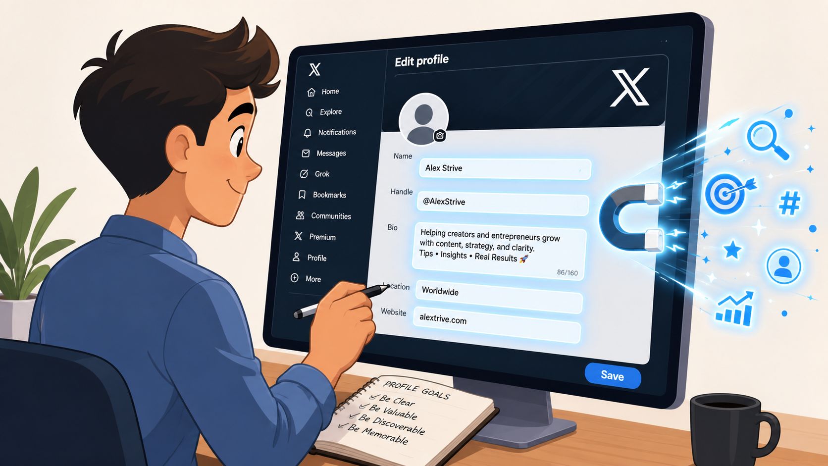 A digital artist designing a professional profile on a computer screen to optimize social media presence.