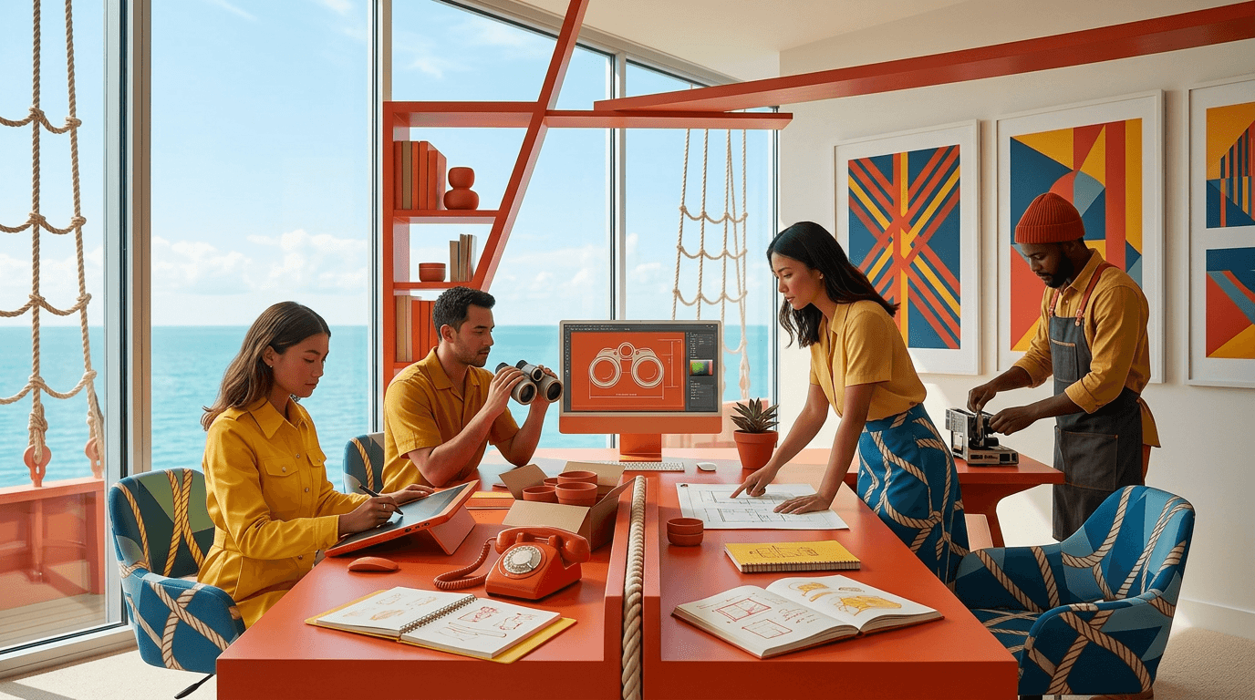 Team collaborating in a modern office with computers and laptops on a shared desk.