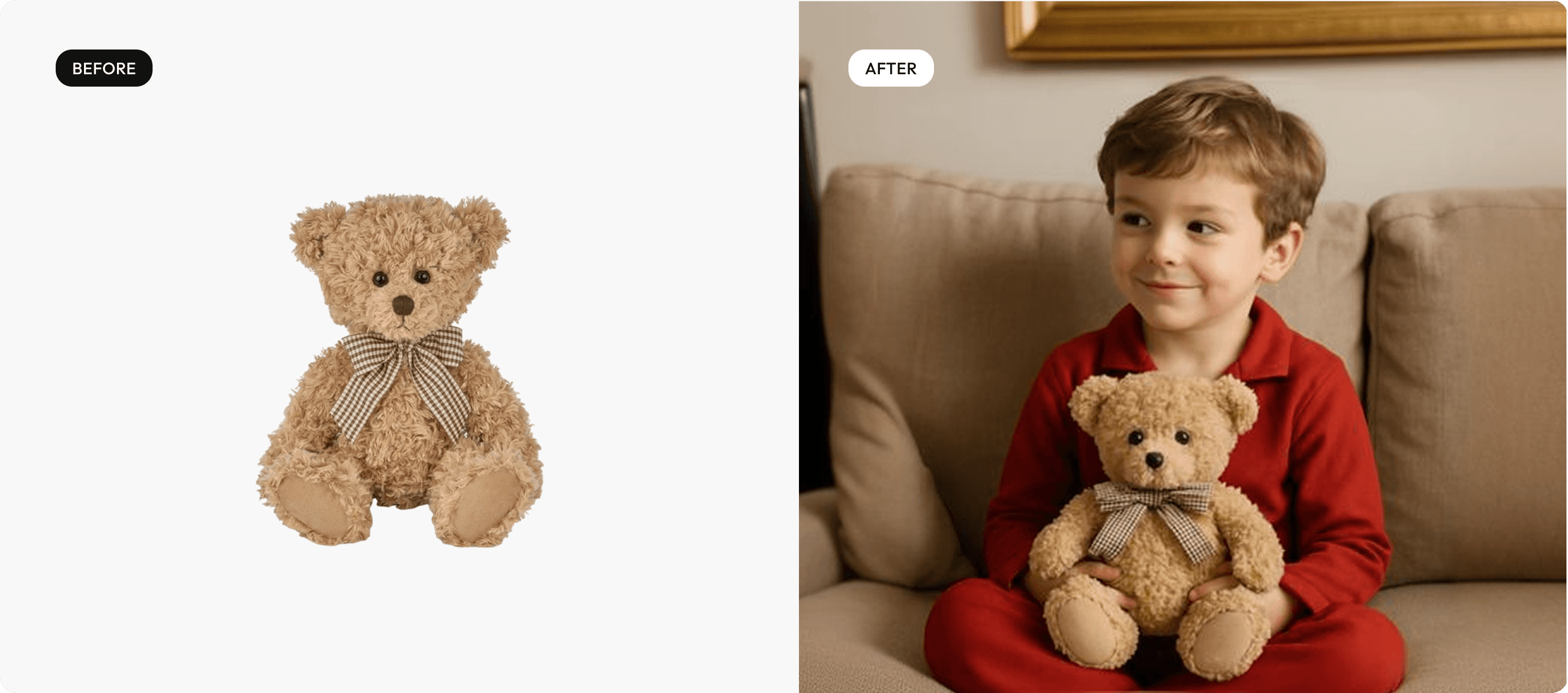 Before and after: child with a teddy bear, transformed into a lifestyle scene with Caspa AI