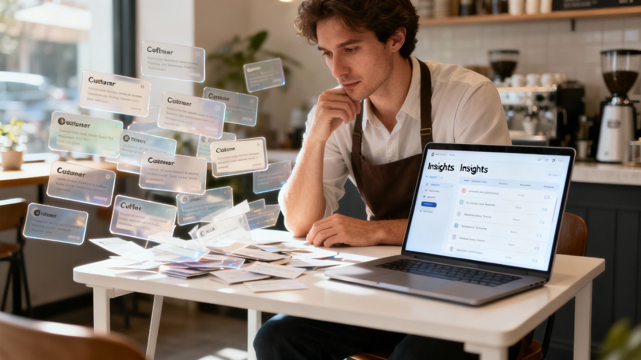 Young man in cafe studies holographic customer feedback cards and laptop displaying insights.