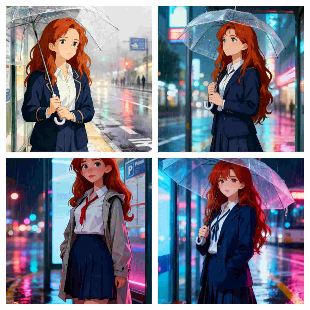 Anime girl waiting at a bus stop on a rainy day, various styles, sora 2