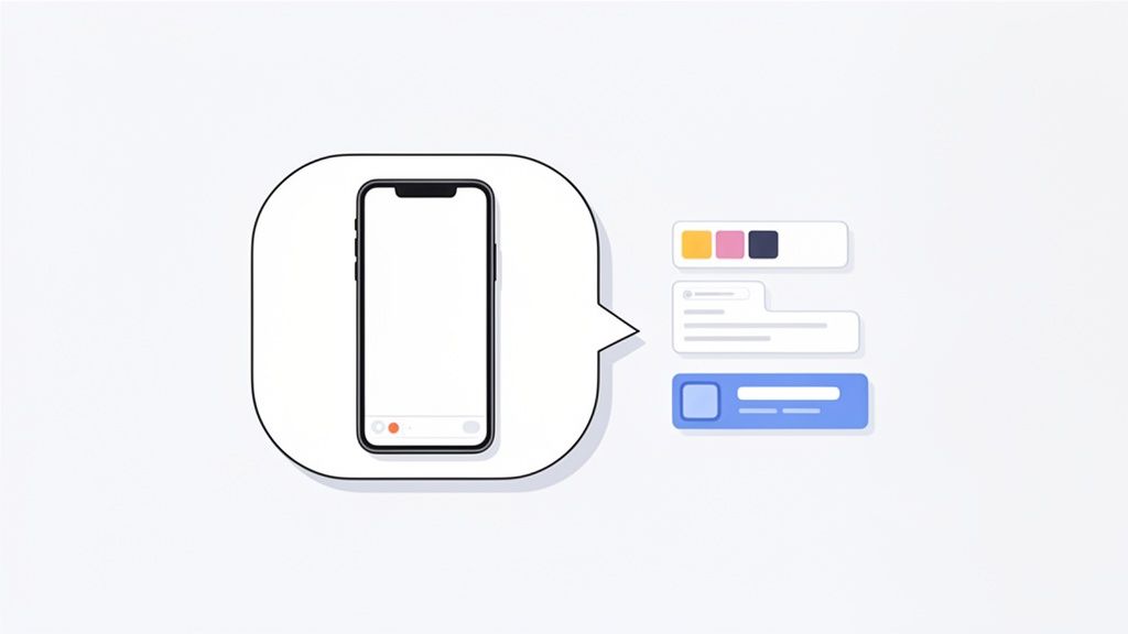 Illustration showing a smartphone in a speech bubble with UI design elements like color swatches and buttons.