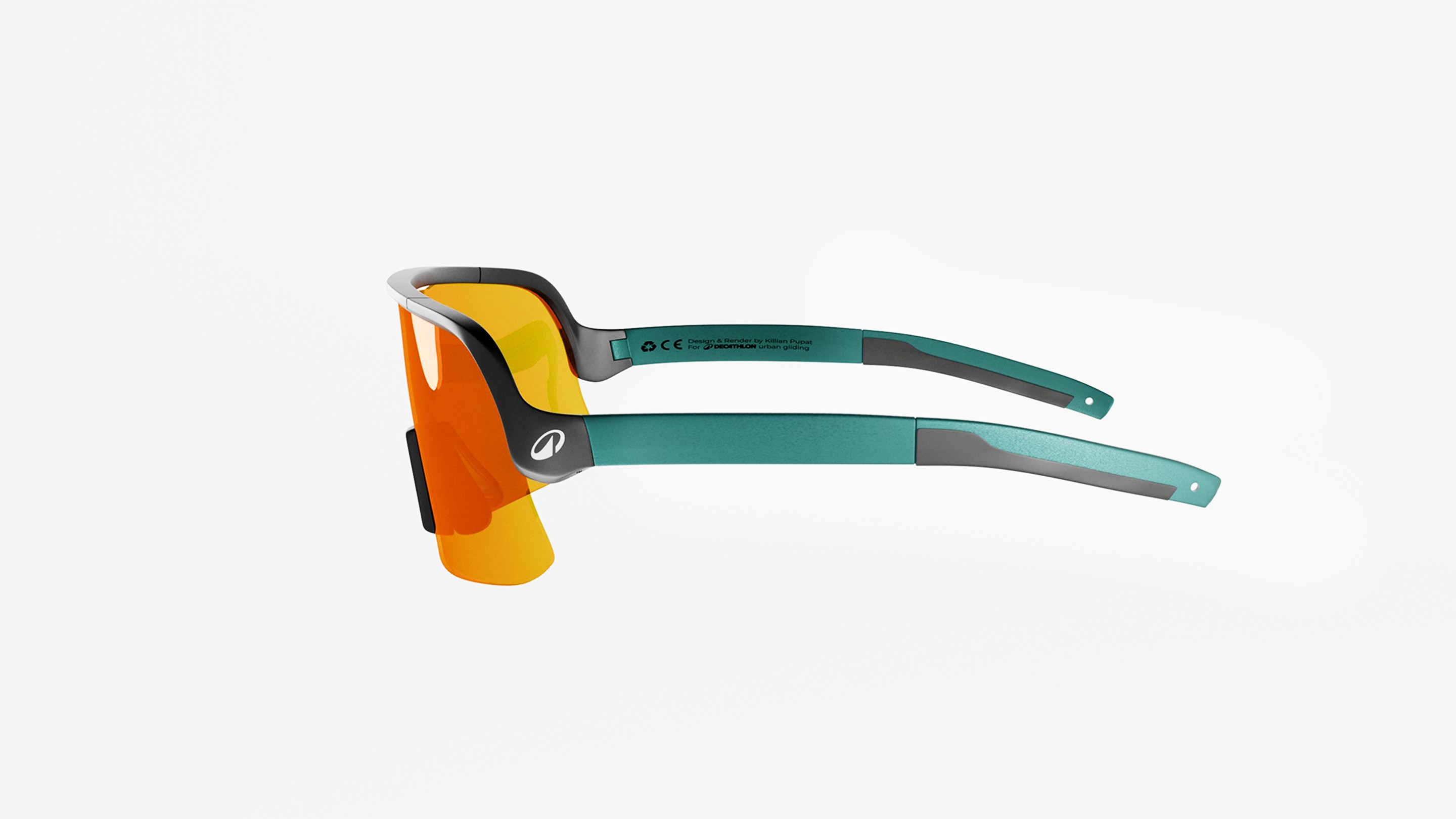 Paire de lunettes de sport aux verres orange, vue de coté.