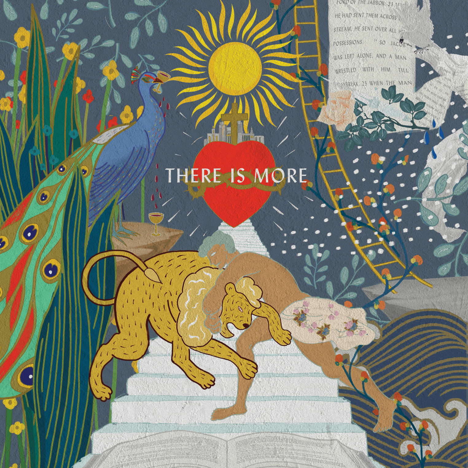 Album artwork for "Who You Say I Am" by Hillsong Worship: illustrated lion, peacock, radiant heart, book, flowers, and "THERE IS MORE" text central.