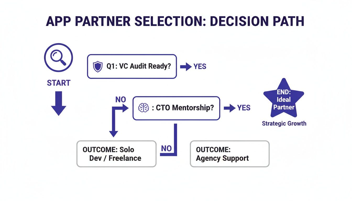 Flowchart detailing app partner selection based on VC audit readiness and CTO mentorship decisions.