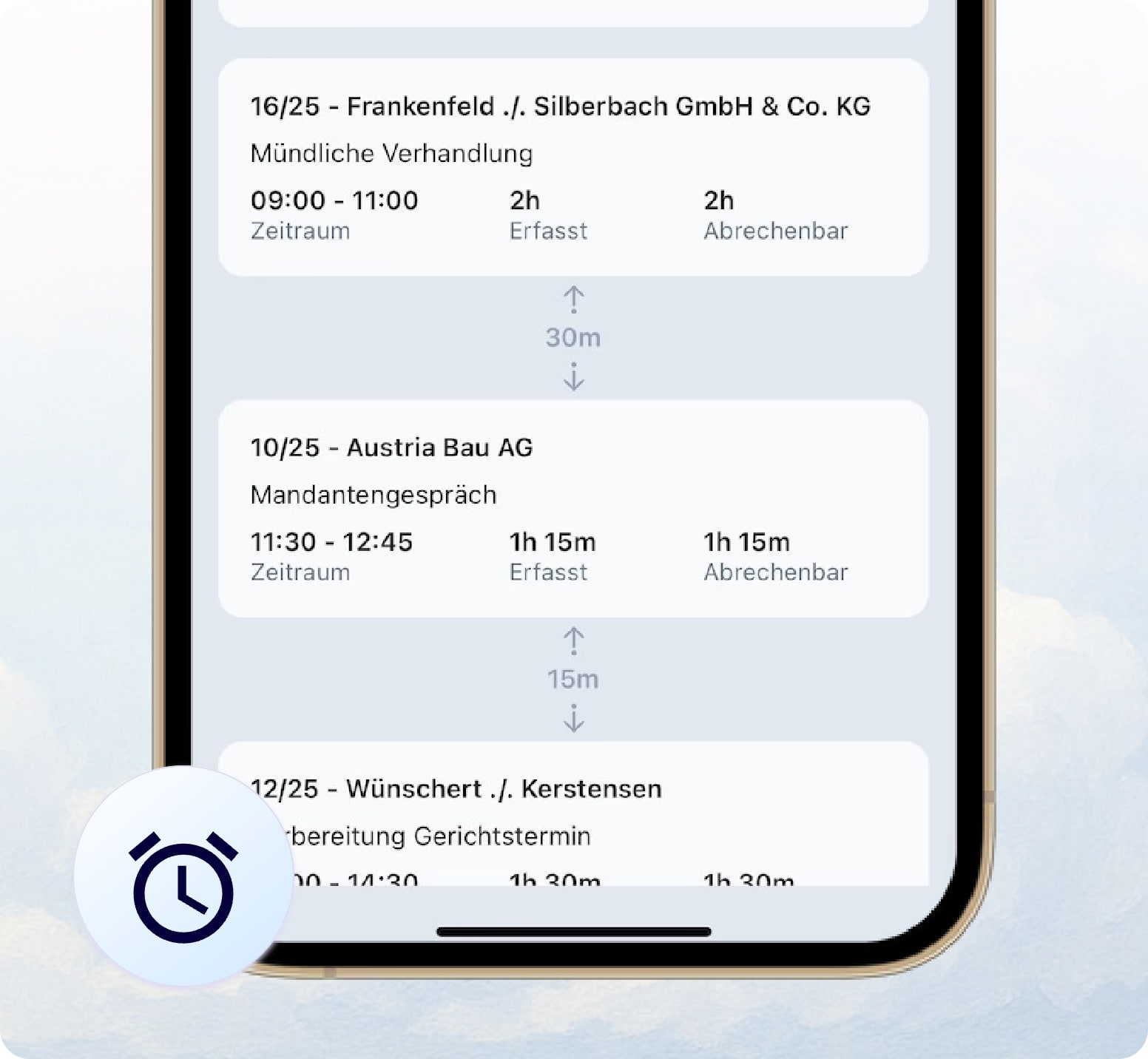 Screenshot der Actaport app mit der erfassten Zeit, sowie einem Icon einer Stoppuhr