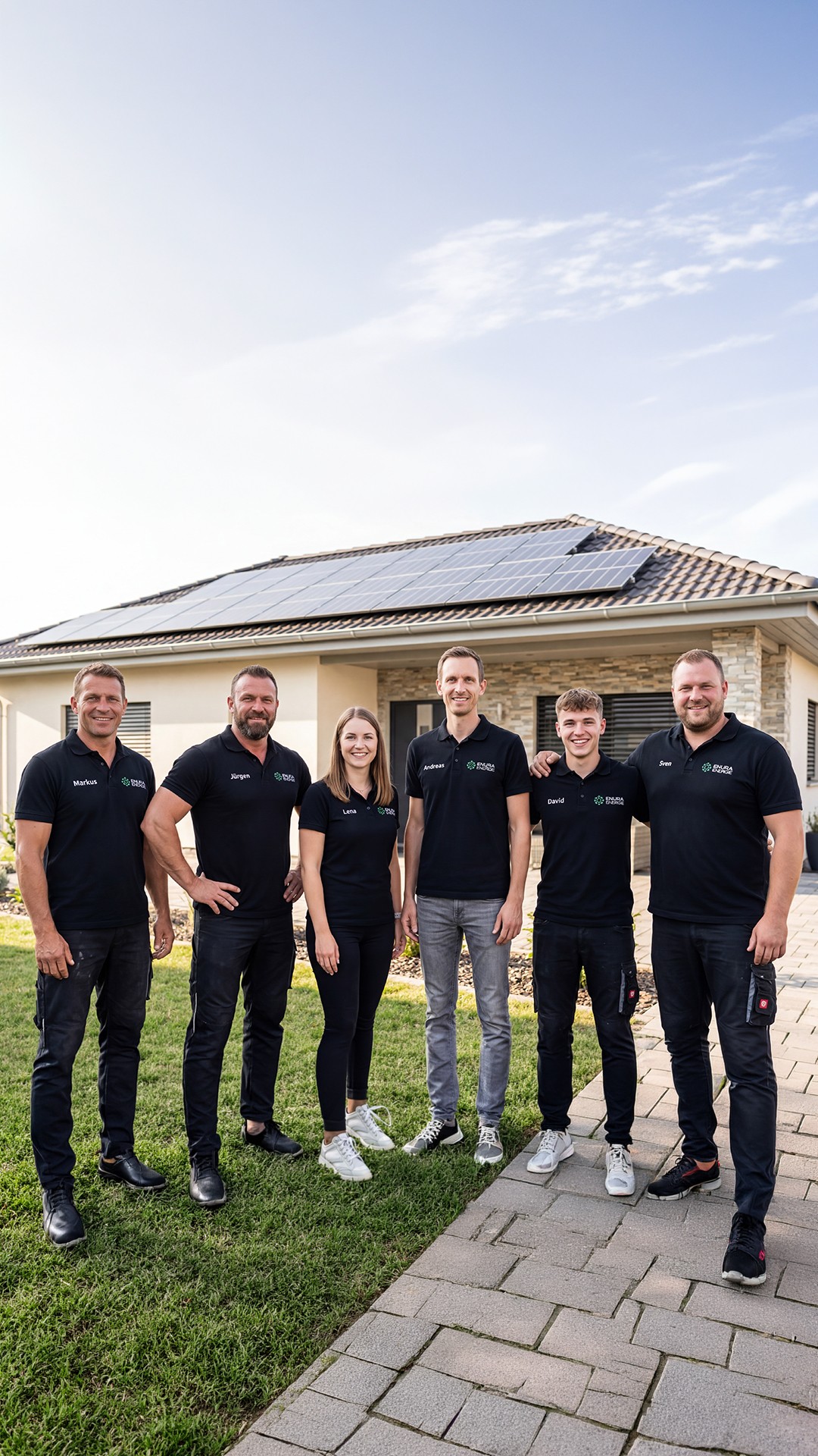 In Nura Energie Team. Drei junge Männer sitzen auf dem Dach, lächeln in die Kamera, greifen sich um den Arm und umarmen sich. Im Hintergrund sieht man den Aufbau oder die Anfangsaufbau-Gerüste für Solaranlagen auf dem Dach