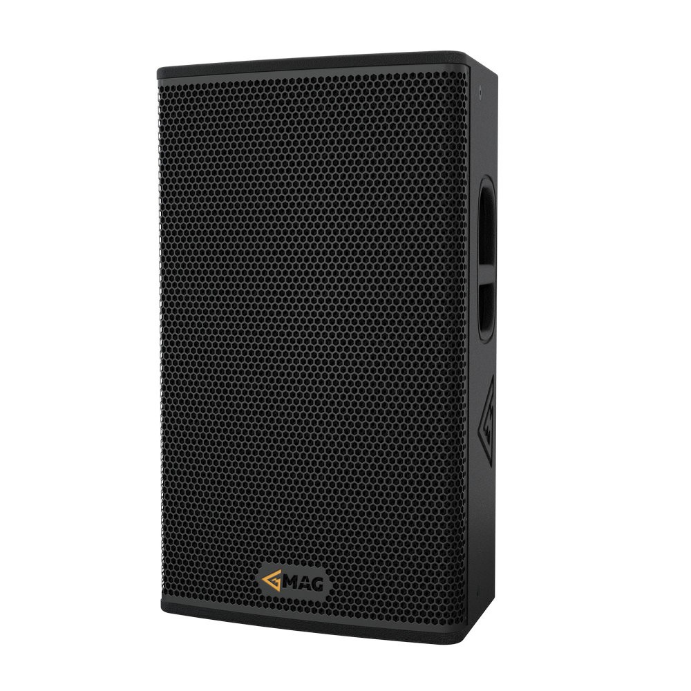 Black speaker with "MAG" logo on bottom right.