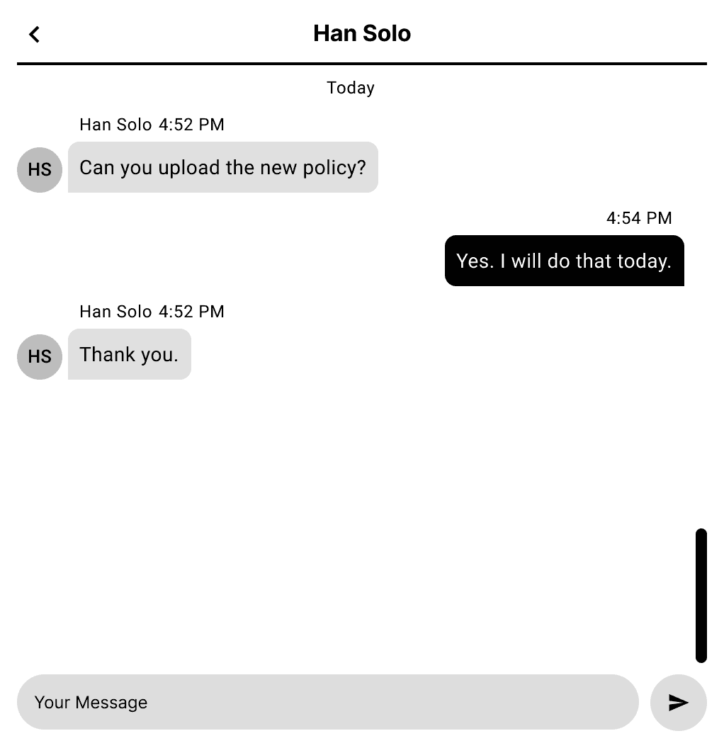 Low-fidelity wireframe showing the redesigned messaging interface for focused, organized conversations between users.