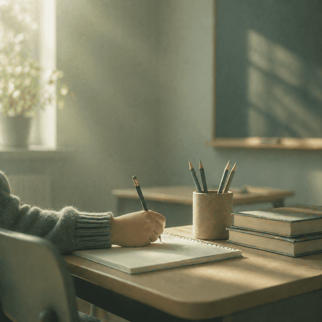 A childs hand on a desk writing work at school