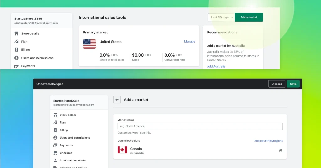 Shopify-Admin mit den International sales tools und dem Formular Add a market mit ausgewähltem Kanada