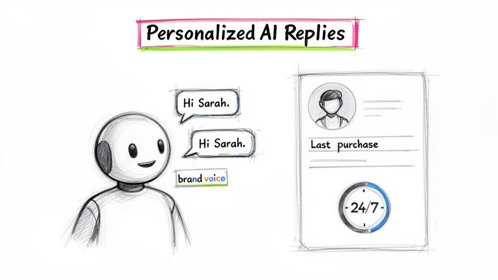 A sketch shows a friendly AI robot providing personalized replies, considering brand voice and customer history 24/7.